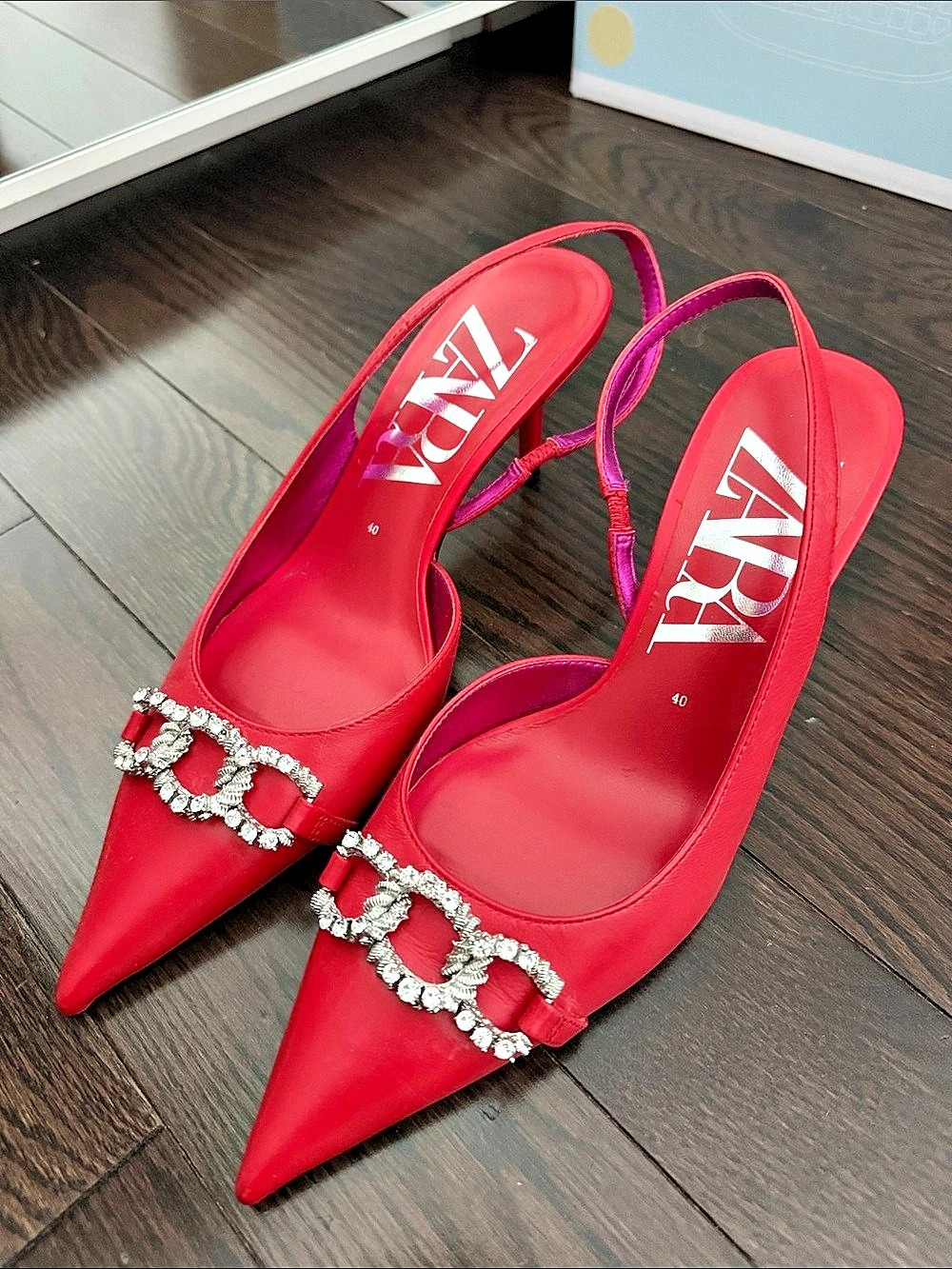 ZARA Red Rhinestone Chain Slingback Heels